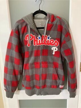 Stitches Red and Gray Buffalo Plaid Phillies Zip Hoodie - large